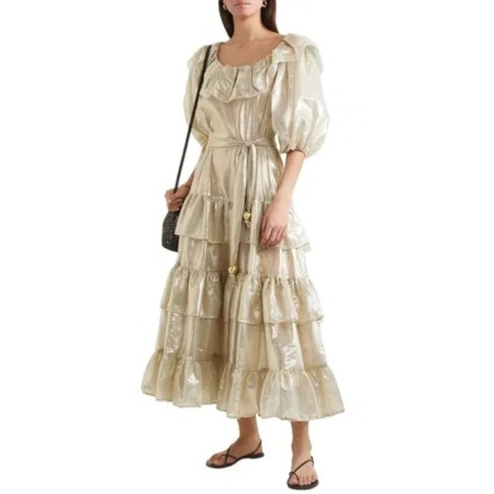 NWT $1531 Lisa Marie Fernandez Eugenie Ruffled Metallic Dress Gold/Silver Sz M